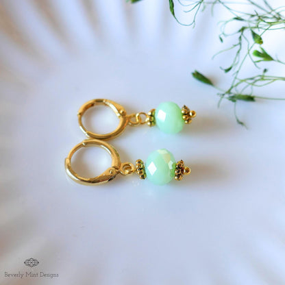 Mint Green Drop Earrings, Gold Plated Huggie Hoops, Dainty Green Earrings, Pastel Bead Earrings, Sensitive Ear & Clip-On Options