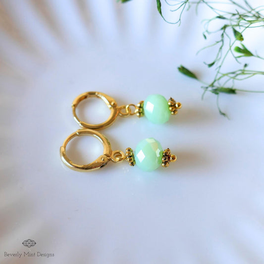Mint Green Drop Earrings, Gold Plated Huggie Hoops, Dainty Green Earrings, Pastel Bead Earrings, Sensitive Ear & Clip-On Options