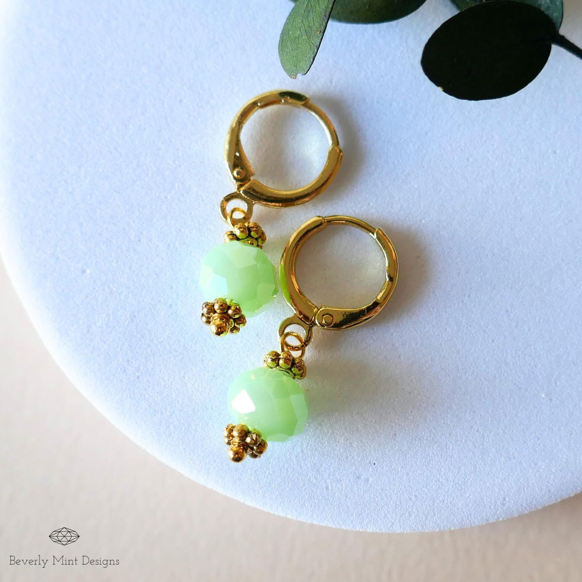 Mint Green Drop Earrings, Gold Plated Huggie Hoops, Dainty Green Earrings, Pastel Bead Earrings, Sensitive Ear & Clip-On Options