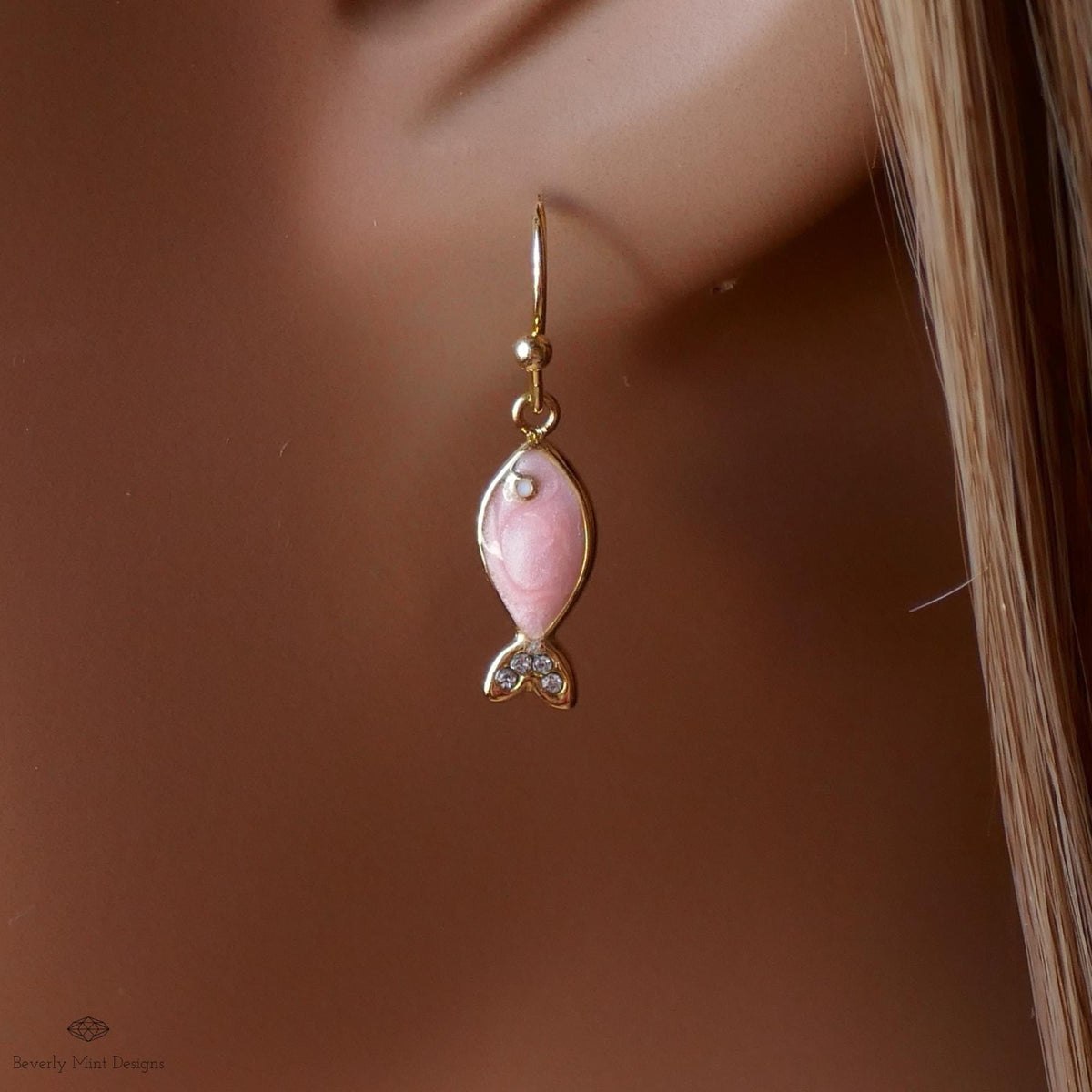 Pink fish earrings, cute dangle earrings, enamel fish jewelry, gold drop earrings, kawaii earrings, Sensitive Ear & Clip-On Options