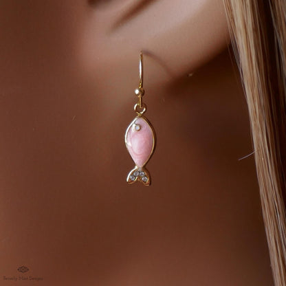Pink fish earrings, cute dangle earrings, enamel fish jewelry, gold drop earrings, kawaii earrings, Sensitive Ear & Clip-On Options