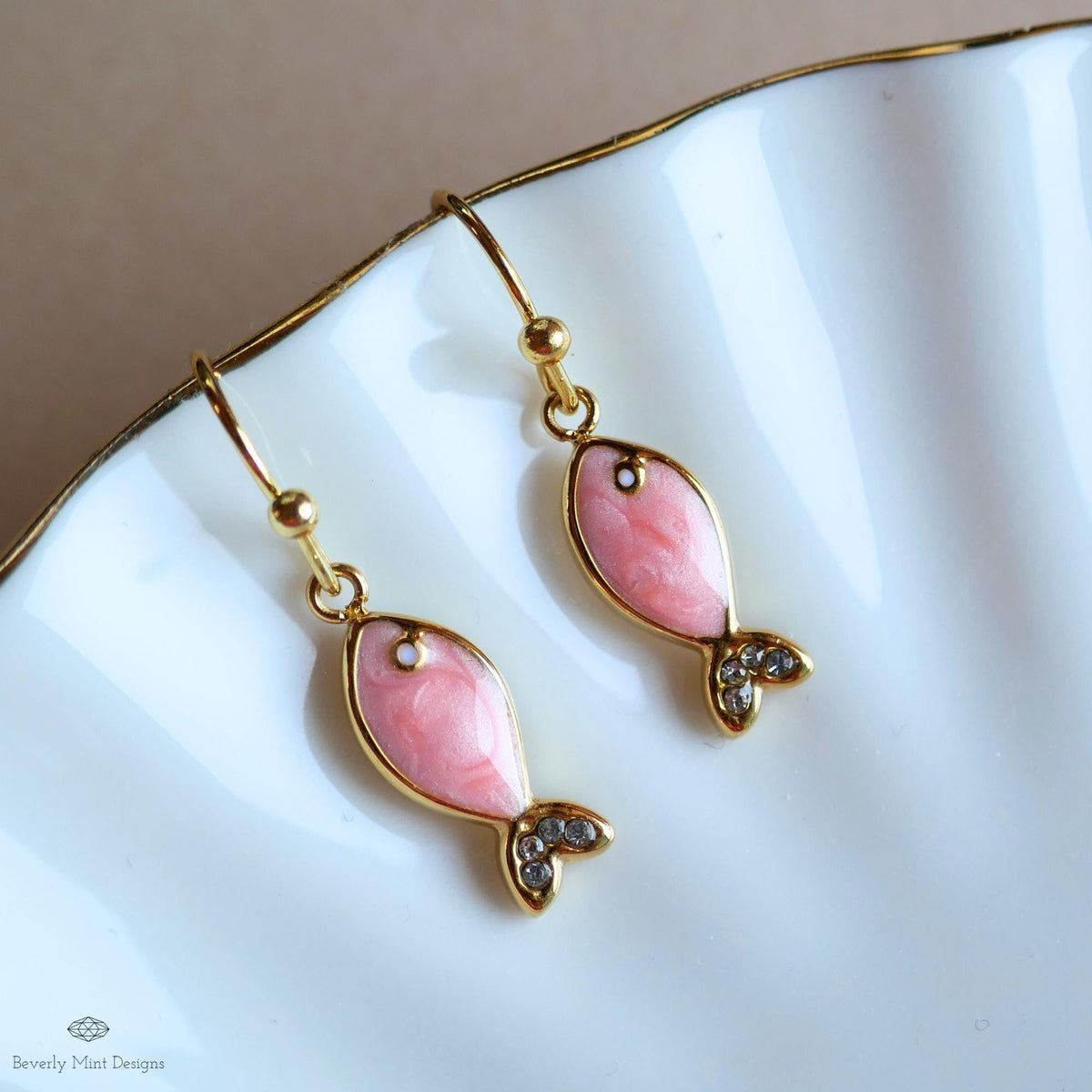 Pink fish earrings, cute dangle earrings, enamel fish jewelry, gold drop earrings, kawaii earrings, Sensitive Ear & Clip-On Options