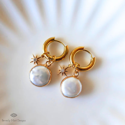 Gold Pearl Star Hoop Earrings, Celestial Dangle Earrings, Elegant Pearl Jewelry, Minimalist Statement Earrings