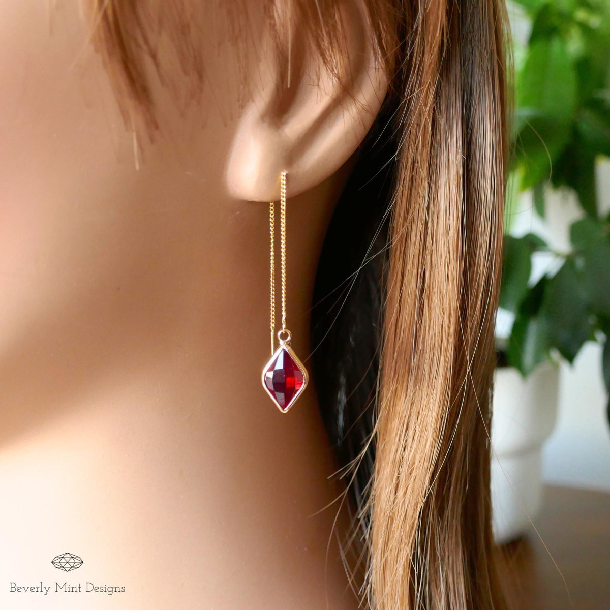 Ruby Red Earrings, Red Stone Threader Earrings, Red Diamond Shaped Earrings, Sensitive Ear & Clip-On Options