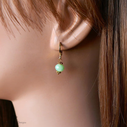 Mint Green Drop Earrings, Gold Plated Huggie Hoops, Dainty Green Earrings, Pastel Bead Earrings, Sensitive Ear & Clip-On Options