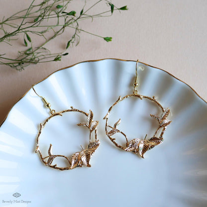 Gold Leaf Hoop Earrings, Nature Inspired Earrings, Botanical Branch Earrings, Handmade Jewelry for Her, Sensitive Ear & Clip-On Options