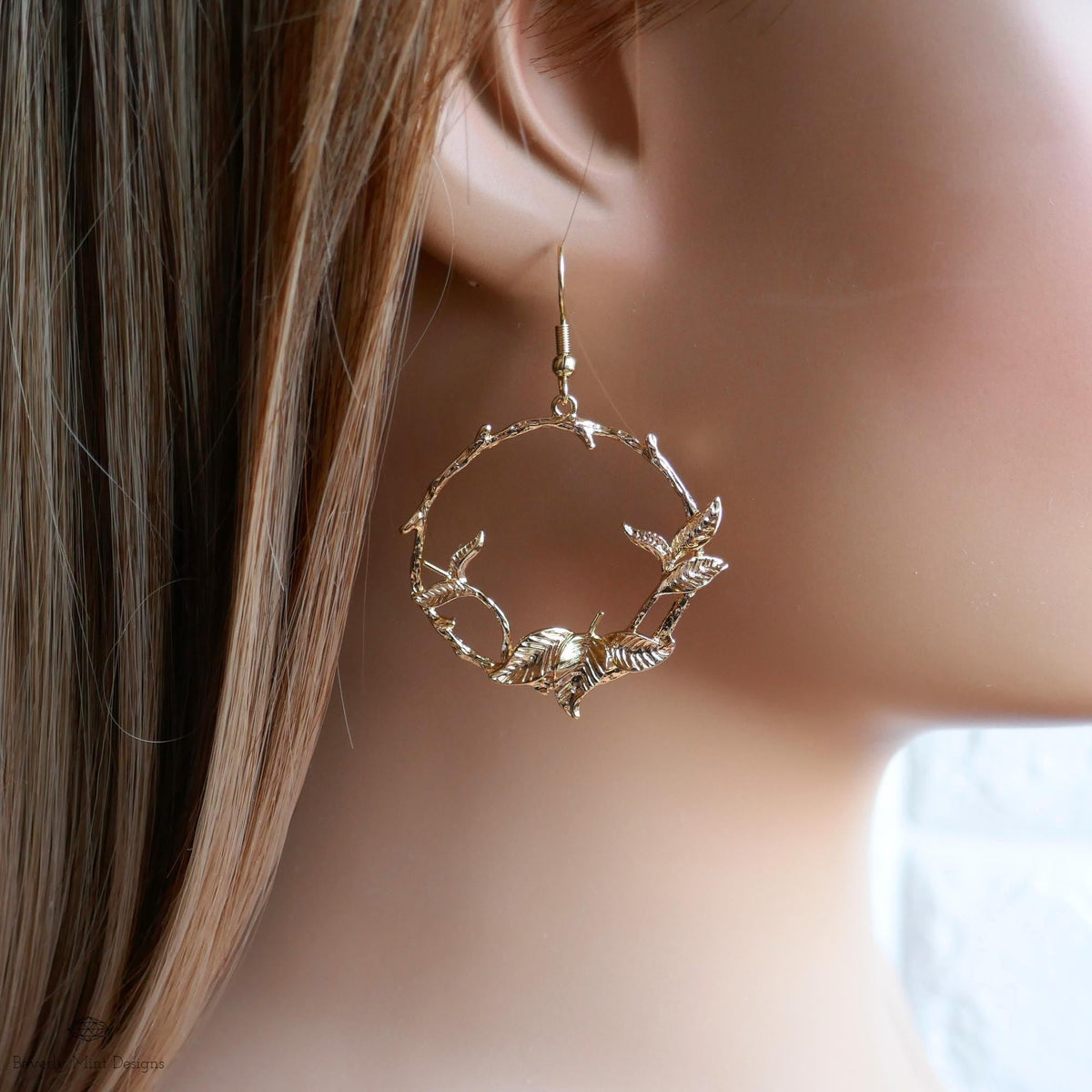 Gold Leaf Hoop Earrings, Nature Inspired Earrings, Botanical Branch Earrings, Handmade Jewelry for Her, Sensitive Ear & Clip-On Options