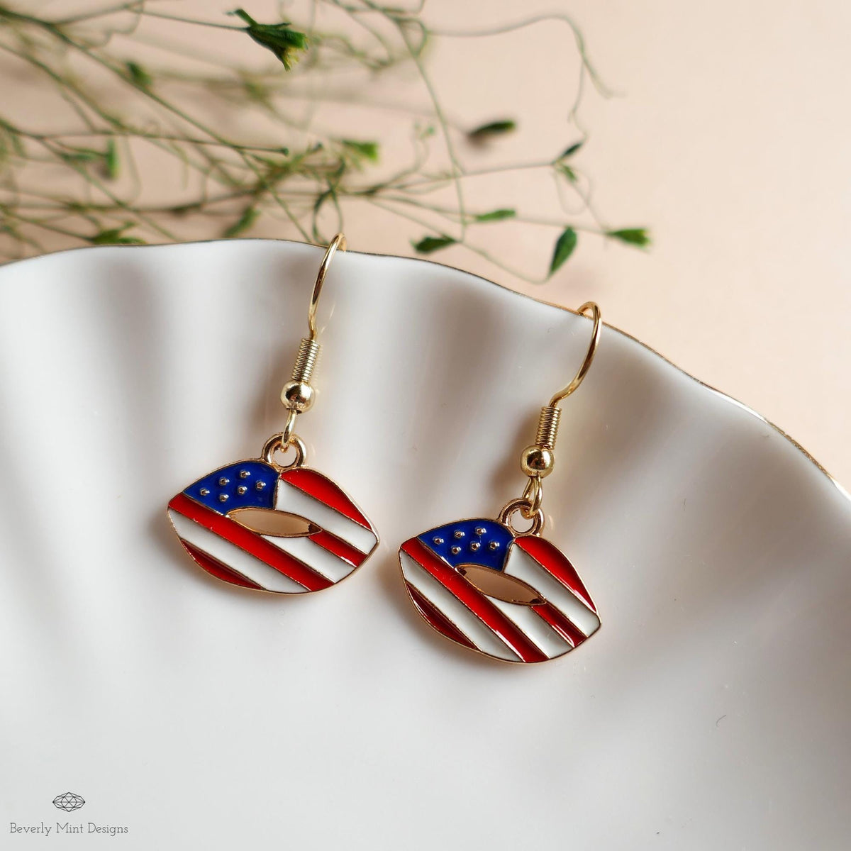 Patriotic Lips Earrings, American Flag Lip Jewelry, Red White Blue Dangle Earrings, Sensitive Ear & Clip-On Options