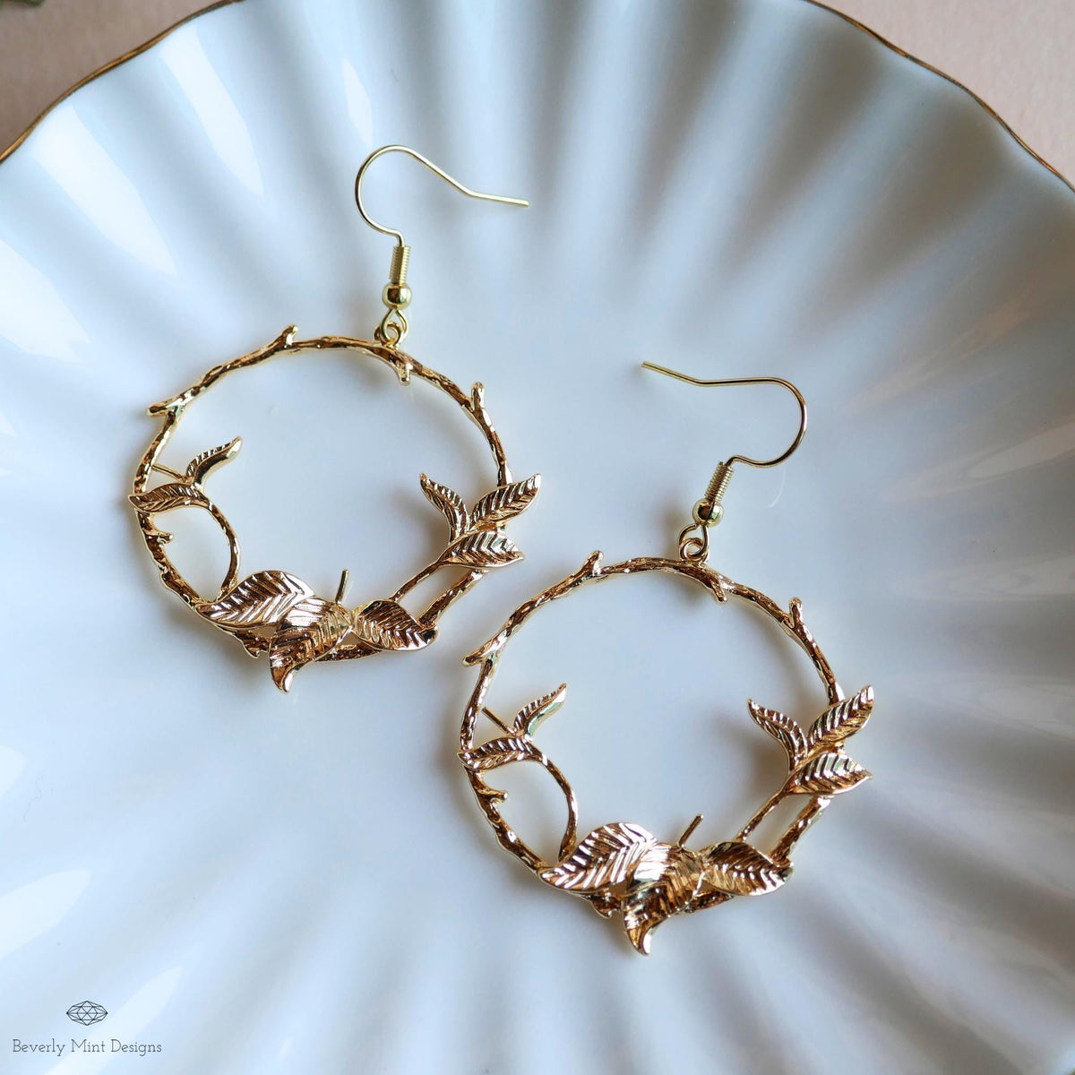 Gold Leaf Hoop Earrings, Nature Inspired Earrings, Botanical Branch Earrings, Handmade Jewelry for Her, Sensitive Ear & Clip-On Options
