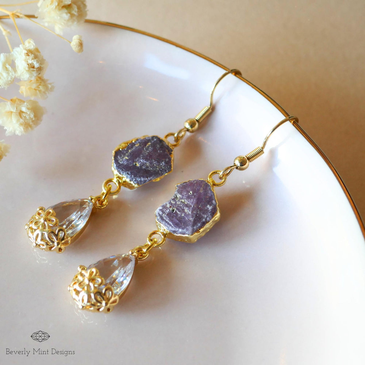 Raw Ruby Earrings, July Birthstone Gift, Gold Gemstone Dangle Earrings, Crystal Drop Earrings, Sensitive Ear & Clip-On Options