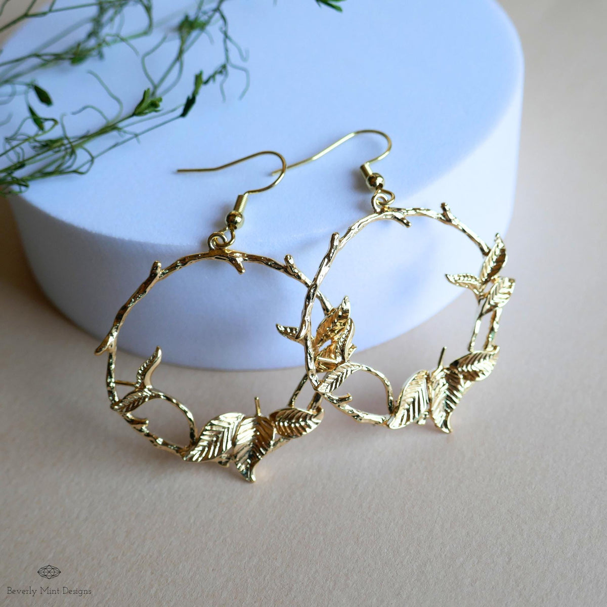 Gold Leaf Hoop Earrings, Nature Inspired Earrings, Botanical Branch Earrings, Handmade Jewelry for Her, Sensitive Ear & Clip-On Options