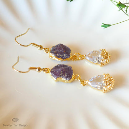 Raw Ruby Earrings, July Birthstone Gift, Gold Gemstone Dangle Earrings, Crystal Drop Earrings, Sensitive Ear & Clip-On Options