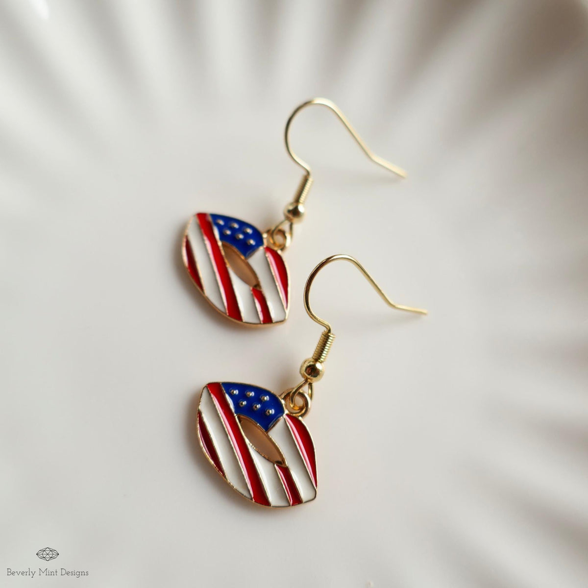 Patriotic Lips Earrings, American Flag Lip Jewelry, Red White Blue Dangle Earrings, Sensitive Ear & Clip-On Options