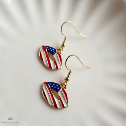 Patriotic Lips Earrings, American Flag Lip Jewelry, Red White Blue Dangle Earrings, Sensitive Ear & Clip-On Options
