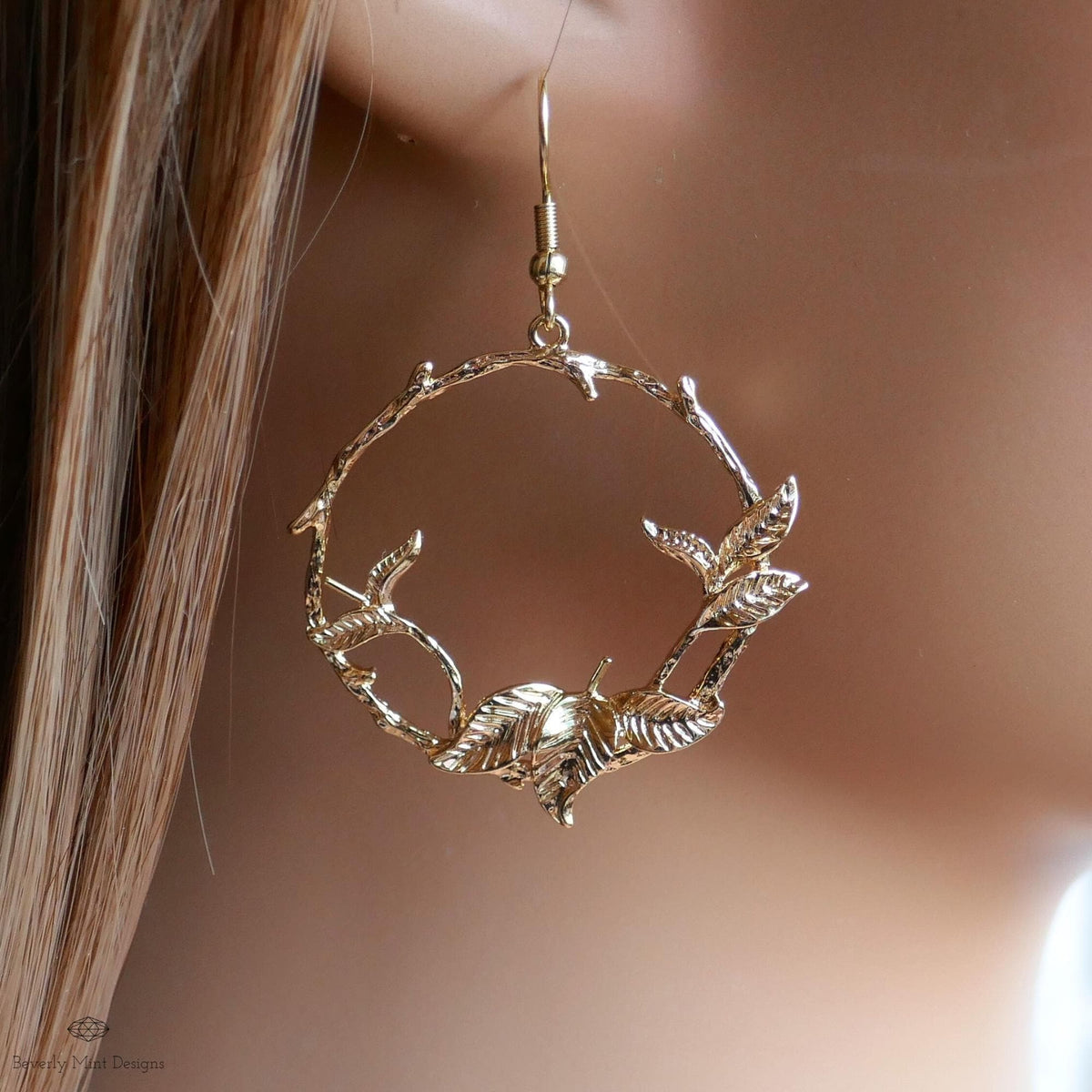 Gold Leaf Hoop Earrings, Nature Inspired Earrings, Botanical Branch Earrings, Handmade Jewelry for Her, Sensitive Ear & Clip-On Options