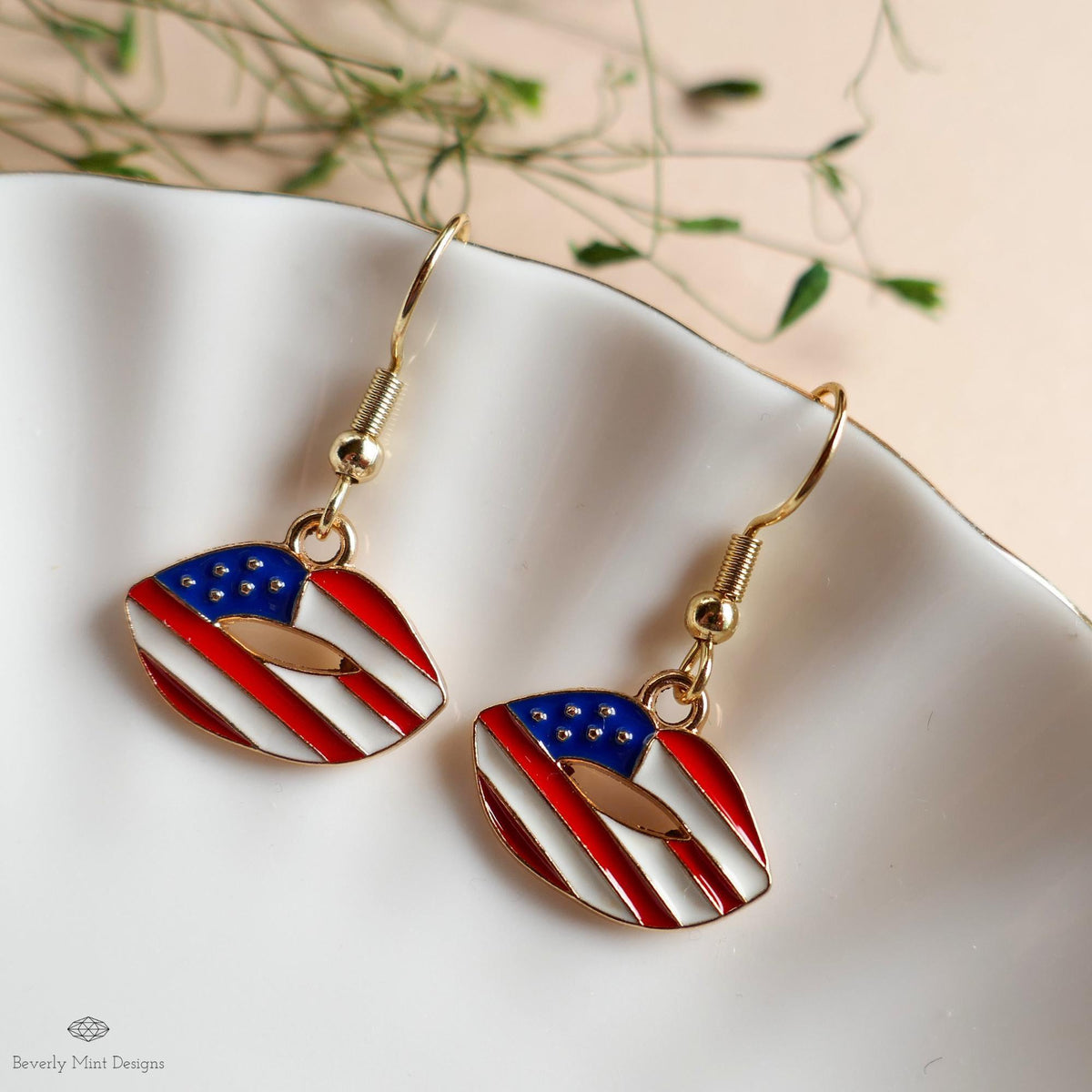 Patriotic Lips Earrings, American Flag Lip Jewelry, Red White Blue Dangle Earrings, Sensitive Ear & Clip-On Options