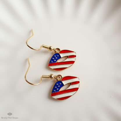 Patriotic Lips Earrings, American Flag Lip Jewelry, Red White Blue Dangle Earrings, Sensitive Ear & Clip-On Options