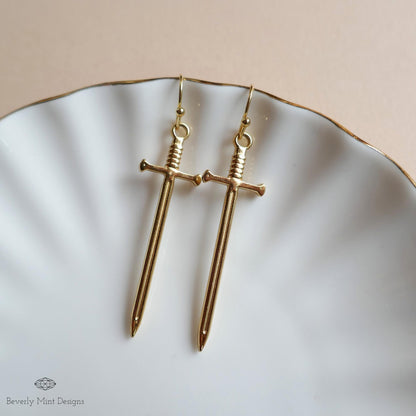 Gold Sword Earrings, Minimalist Dagger Earrings, Fantasy Warrior Jewelry, Gothic Drop Earrings, Sensitive Ear & Clip-On Options