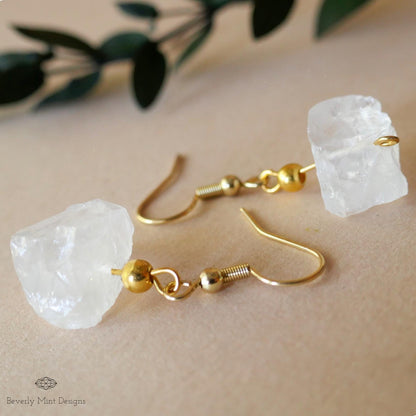 Irregular Rough Natural Raw Stone Earrings, Clear Quartz Earrings with 18K Gold Posts, Sensitive Ear & Clip-On Options