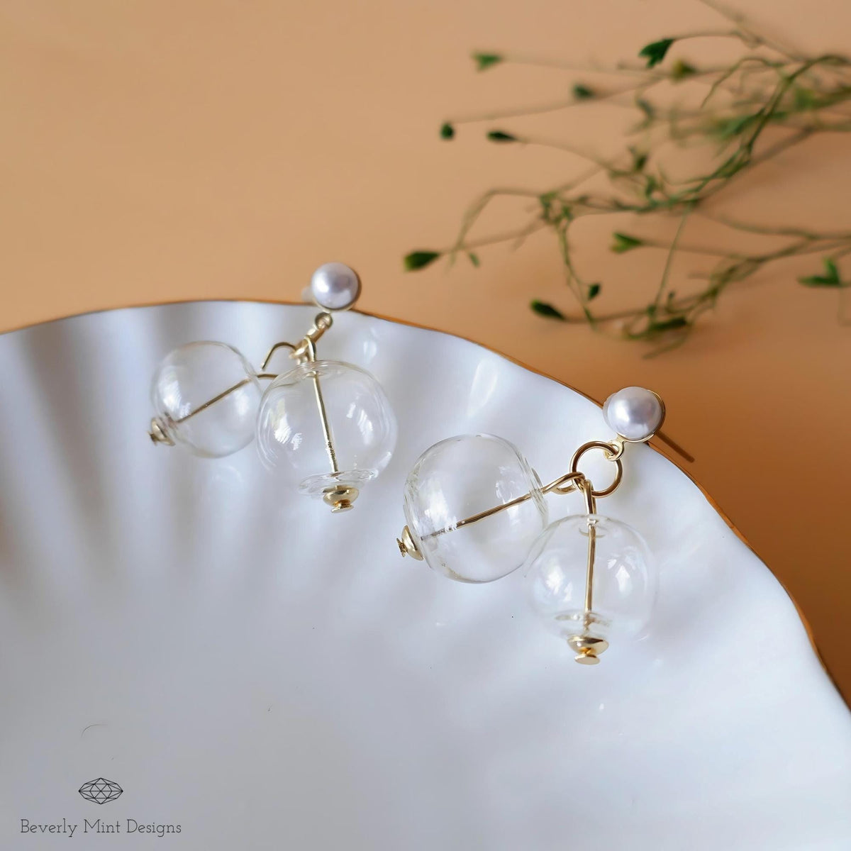 Glass Bubble Dangle Earrings, Mid Century Style, Clear Ball, Gold Tone, Vintage Charm
