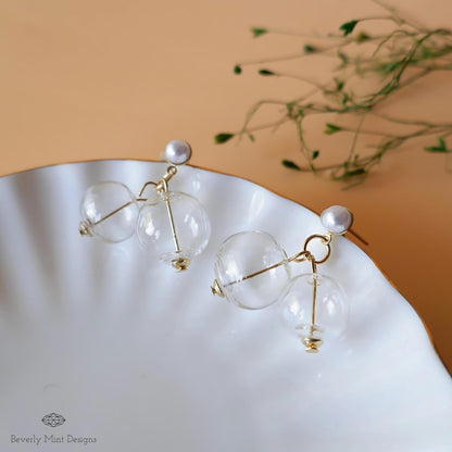 Glass Bubble Dangle Earrings, Mid Century Style, Clear Ball, Gold Tone, Vintage Charm