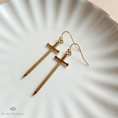 Gold Sword Earrings, Minimalist Dagger Earrings, Fantasy Warrior Jewelry, Gothic Drop Earrings, Sensitive Ear & Clip-On Options