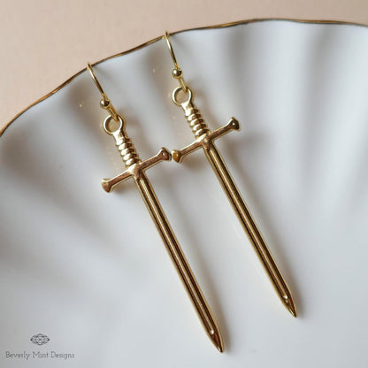 Gold Sword Earrings, Minimalist Dagger Earrings, Fantasy Warrior Jewelry, Gothic Drop Earrings, Sensitive Ear & Clip-On Options