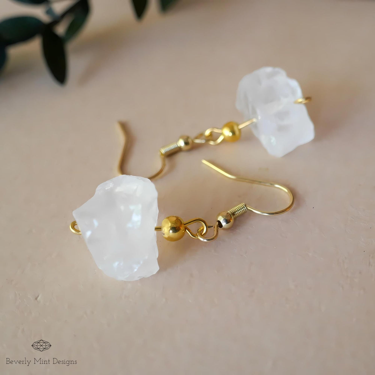 Irregular Rough Natural Raw Stone Earrings, Clear Quartz Earrings with 18K Gold Posts, Sensitive Ear & Clip-On Options