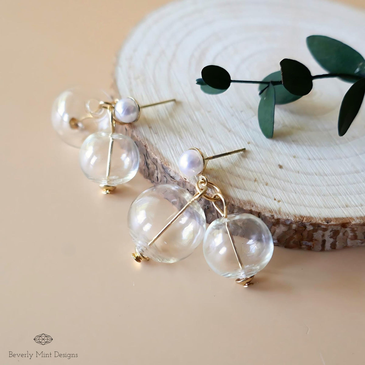 Glass Bubble Dangle Earrings, Mid Century Style, Clear Ball, Gold Tone, Vintage Charm
