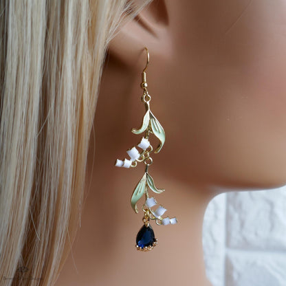 Lily of the Valley Earrings Gold Drop Earrings with Teardrop ,Botanical Bridal Jewelry Nature Inspired, Sensitive Ear & Clip-On Options