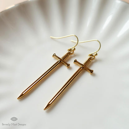 Gold Sword Earrings, Minimalist Dagger Earrings, Fantasy Warrior Jewelry, Gothic Drop Earrings, Sensitive Ear & Clip-On Options