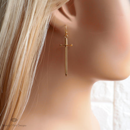 Gold Sword Earrings, Minimalist Dagger Earrings, Fantasy Warrior Jewelry, Gothic Drop Earrings, Sensitive Ear & Clip-On Options