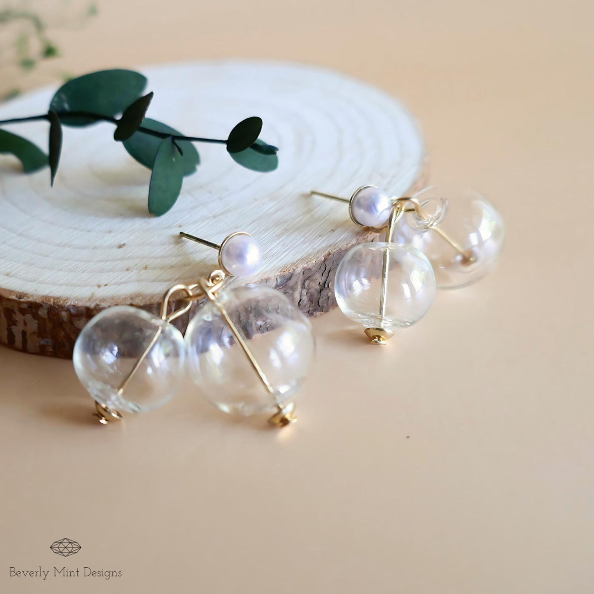 Glass Bubble Dangle Earrings, Mid Century Style, Clear Ball, Gold Tone, Vintage Charm