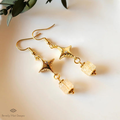 Gold Star Dangle Earrings with Gemstone Beads - Boho Chic Jewelry, Handmade Statement Earrings, Sensitive Ear & Clip-On Options