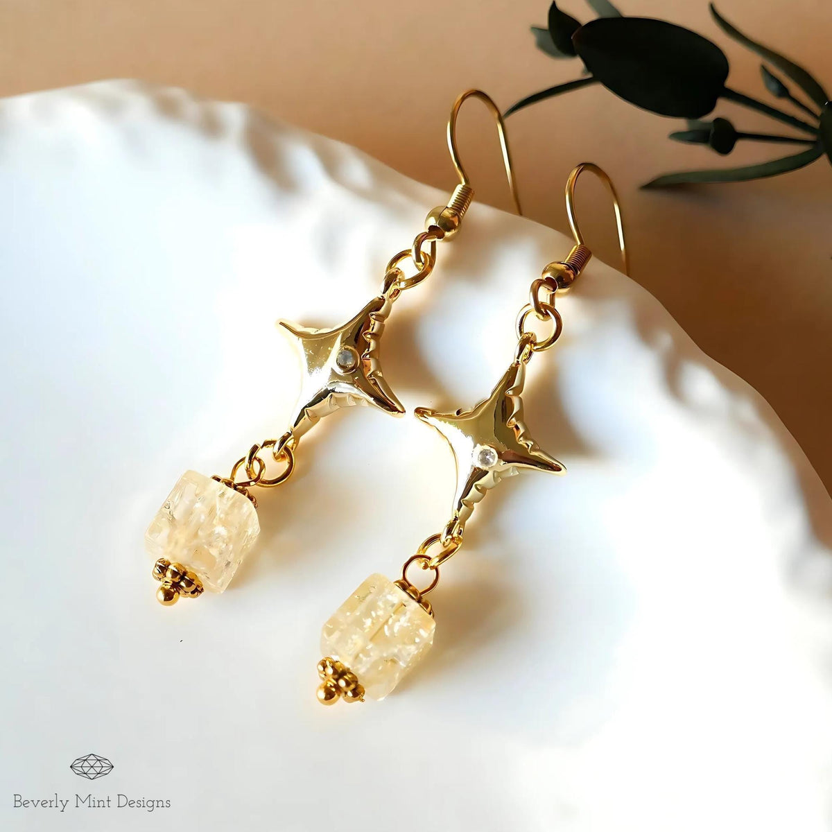 Gold Star Dangle Earrings with Gemstone Beads - Boho Chic Jewelry, Handmade Statement Earrings, Sensitive Ear & Clip-On Options