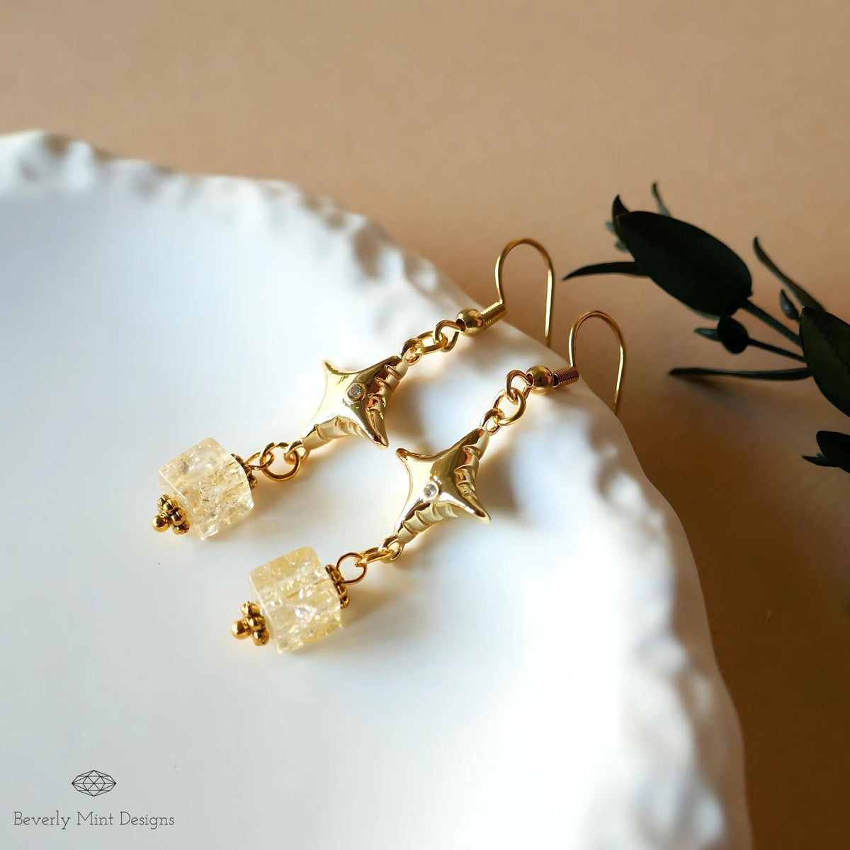 Gold Star Dangle Earrings with Gemstone Beads - Boho Chic Jewelry, Handmade Statement Earrings, Sensitive Ear & Clip-On Options