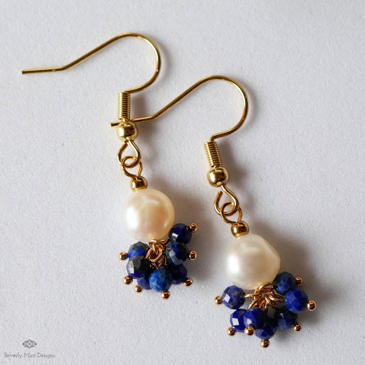 Pearl and Blue Stone Earrings, Dainty Gold Hoop Earrings, Elegant Cluster Jewelry, Bridesmaid Gift, Sensitive Ear & Clip-On Options