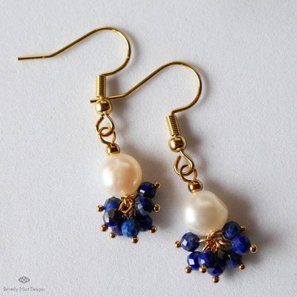 Pearl and Blue Stone Earrings, Dainty Gold Hoop Earrings, Elegant Cluster Jewelry, Bridesmaid Gift, Sensitive Ear & Clip-On Options