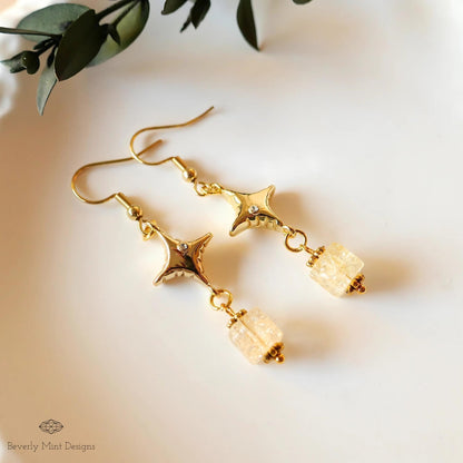 Gold Star Dangle Earrings with Gemstone Beads - Boho Chic Jewelry, Handmade Statement Earrings, Sensitive Ear & Clip-On Options