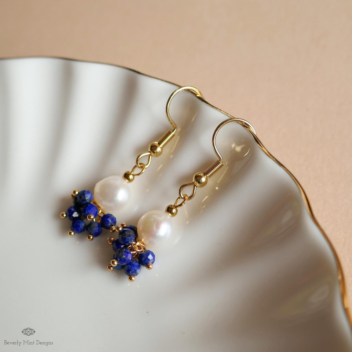 Pearl and Blue Stone Earrings, Dainty Gold Hoop Earrings, Elegant Cluster Jewelry, Bridesmaid Gift, Sensitive Ear & Clip-On Options