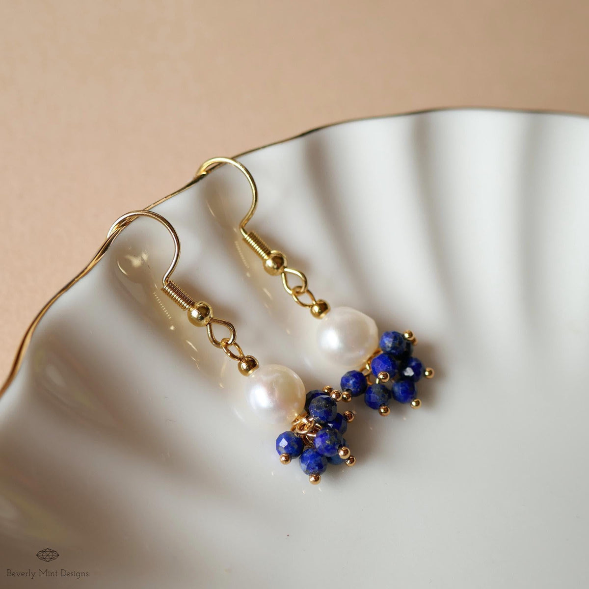 Pearl and Blue Stone Earrings, Dainty Gold Hoop Earrings, Elegant Cluster Jewelry, Bridesmaid Gift, Sensitive Ear & Clip-On Options