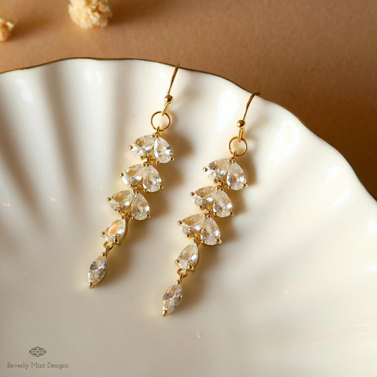 Gold Leaf Crystal Dangle Earrings, Bridal Statement Jewelry, Long Drop Sparkling Earrings, Sensitive Ear & Clip-On Options