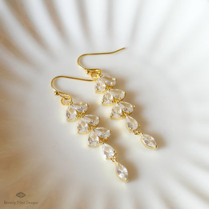 Gold Leaf Crystal Dangle Earrings, Bridal Statement Jewelry, Long Drop Sparkling Earrings, Sensitive Ear & Clip-On Options