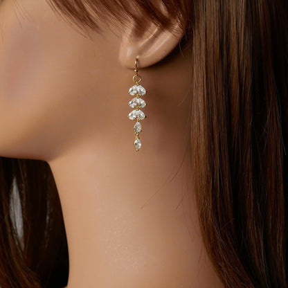 Gold Leaf Crystal Dangle Earrings, Bridal Statement Jewelry, Long Drop Sparkling Earrings, Sensitive Ear & Clip-On Options