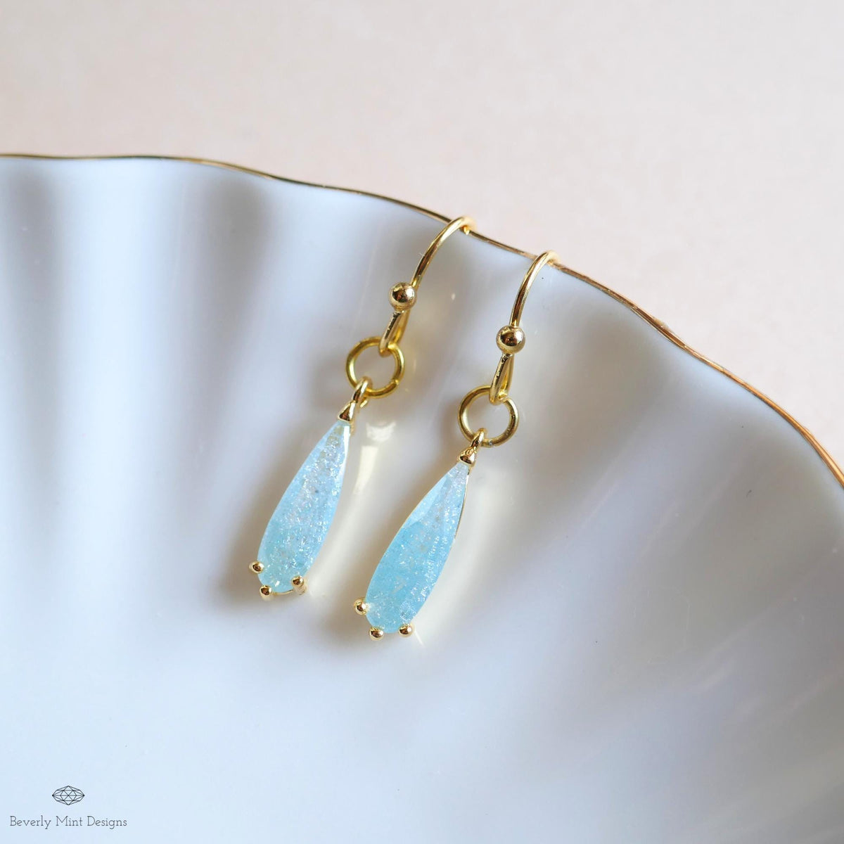 Blue Teardrop Sparkle Earrings, Light Blue Dangle Earrings Gold Drop Earrings Dainty Glitter Jewelry, Sensitive Ear & Clip-On Options