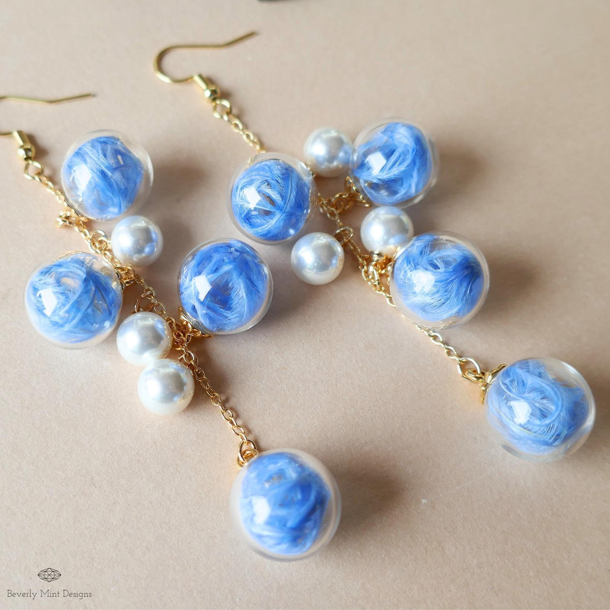 Bubble Earrings , Dangle Glass Beaded Earrings with Pearls, Gold Chain Lightweight Fairycore Jewelry, Sensitive Ear & Clip-On Options