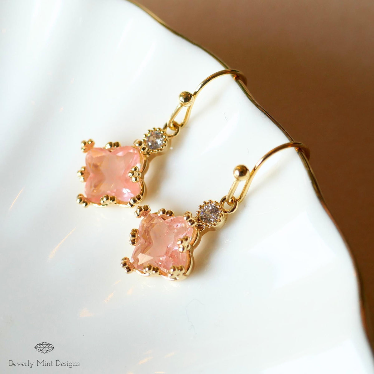 Gold Pink Crystal Earrings, Dainty Drop Jewelry for Women, Elegant Bridal Earrings, Lightweight, Sensitive Ear & Clip-On Options