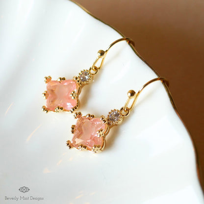 Gold Pink Crystal Earrings, Dainty Drop Jewelry for Women, Elegant Bridal Earrings, Lightweight, Sensitive Ear & Clip-On Options
