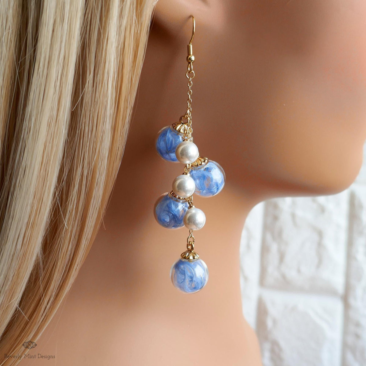 Bubble Earrings , Dangle Glass Beaded Earrings with Pearls, Gold Chain Lightweight Fairycore Jewelry, Sensitive Ear & Clip-On Options