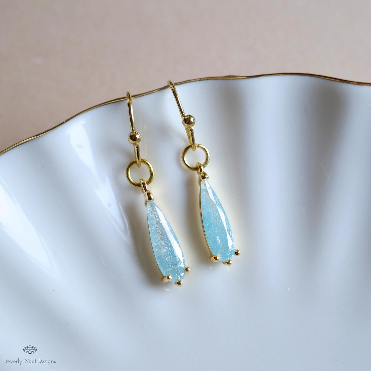 Blue Teardrop Sparkle Earrings, Light Blue Dangle Earrings Gold Drop Earrings Dainty Glitter Jewelry, Sensitive Ear & Clip-On Options